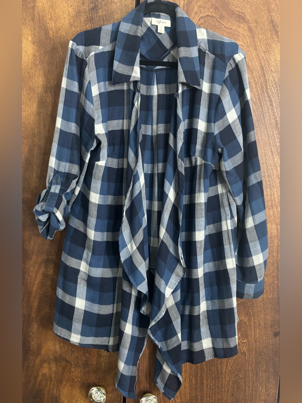 Style & Co. Blue Cream and Black Plaid Woman’s Open Front Shacket.